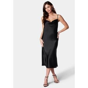 bebe Satin Cowl Neck Slip Midi Dress